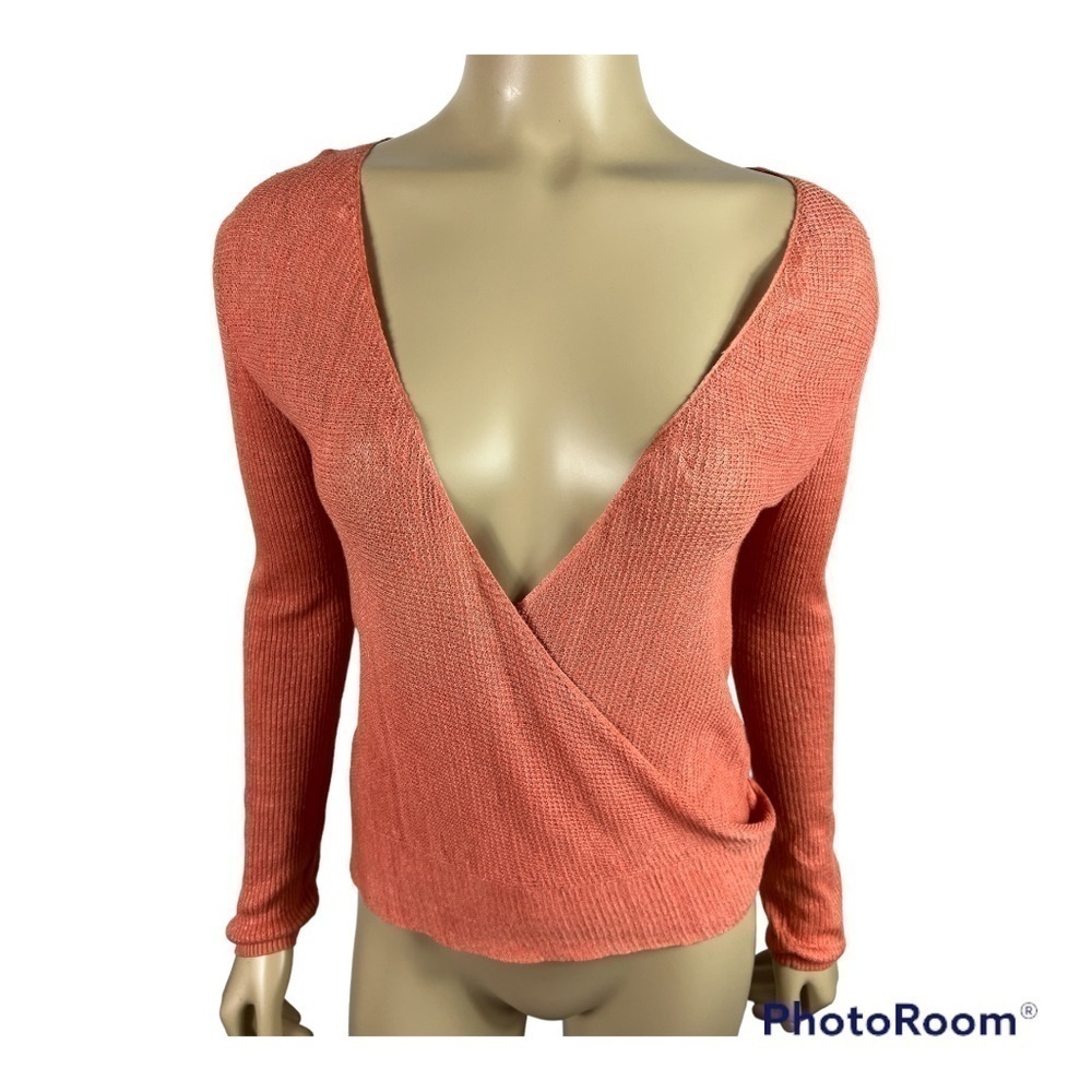 Lafayette 148 Orange Linen Wrap V Neck Top Size S